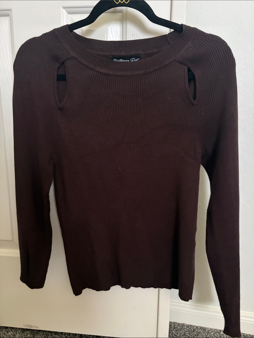 Montgomery post  Brown Ribbed Long-Sleeve Top with Shoulder Cutouts